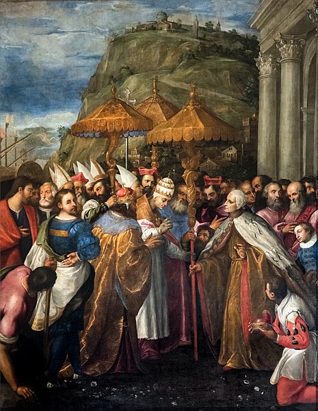 File:(Venice) Il Papa giunge su navi veneziane ad Ancona, accompagnato dal Barbarossa e dal doge, e dona a questo un'ombrella d'oro, alto simbolo d'autorità - Gerolamo Gambarato 1582.jpg