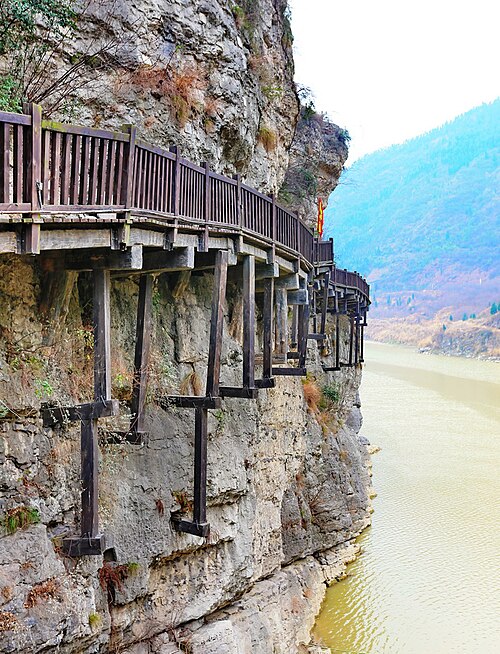 Reconstructed ancient cliff path of Mingyue Gorge, northern Sichuan, China, part of the Shudao road system