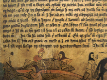 Depiction of Icelanders flenching a whale from a 16th-century manuscript 16th century Icelanders cutting a whale AM345fol.png