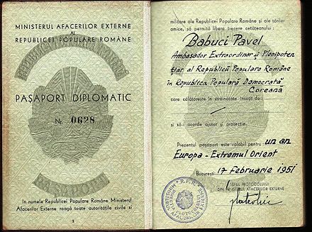 1951 Cold-War Romanian passport used by the Ambassador stationed in North Korea
