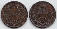 1 decimo coin minted for the province in 1822. The reverse features the provincial coat of arms. 1 decimo, Argentina, province of Buenos Aires, 1822.jpg