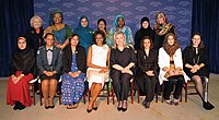 2012 International Women of Courage Awards, March 8, 2012.
Back row, from left: Melanne Verveer (guest), Leymah Gbowee (guest), Shad Begum, Aneesa Ahmed, Hawa Abdallah Mohammed Salih, Samar Badawi, Tawakel Karman (guest).
Front row, from left: Maryam Durani, Pricilla de Oliveira Azevedo, Zin Mar Aung, Michelle Obama, Hillary Clinton, Jineth Bedoya Lima, Hana Elhebshi, Safak Pavey 2012 IWOC Award winners with Hillary Rodham Clinton and Michelle Obama.jpg