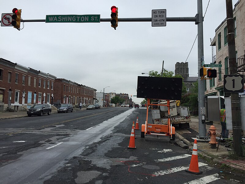 File:2016-05-11 11 24 21 View west along North Avenue (U.S. Route 1 southbound) at Washington Street in Baltimore City, Maryland.jpg