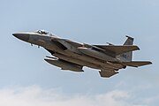 An F-15C Eagle, tail number 86-0160, taking off from RAF Lakenheath in the United Kingdom. The aircraft is assigned to the 493rd Fighter Squadron.