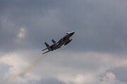 An F-15C Eagle, tail number 86-0163, taking off from RAF Lakenheath in England. The aircraft was assigned to the 493rd Fighter Squadron.