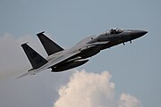 An F-15C Eagle, tail number 86-0159, taking off from RAF Lakenheath in England. The aircraft was assigned to the 493rd Fighter Squadron.