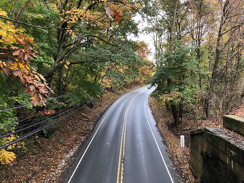 File:2022-10-26 14 33 42 View south along Pennsylvania State Route 29 (Gravel Pike) from the overpass for the rail line just south of Water Street in Upper Hanover Township, Montgomery County, Pennsylvania.jpg