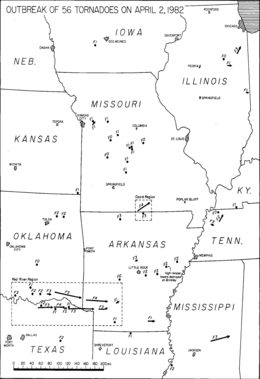 Hitam-dan-putih peta yang menggambarkan linear jalur tornado pada tanggal 2 April 1982