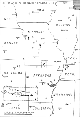 Czarno-biała mapa przedstawiająca liniowe ścieżki tornad 2 kwietnia 1982 roku