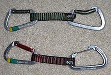 Two quickdraws. The upper has a solid bent gate for the rope and the lower a wire gate for it. 2quickdraws.saa.jpeg