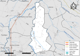 Carte en couleur présentant le réseau hydrographique de la commune