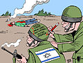 Eine Karikatur bezüglich Umgang der israelischen Armee mit Friedensaktivisten: Rachel Corrie, Brian Avery, Tom Hurndall und Tristan Anderson