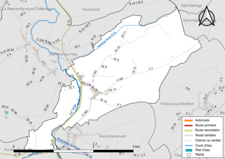 Carte en couleur présentant le réseau hydrographique de la commune