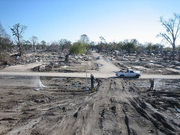 22 December 2005 view inland from the inner (southern) of the two major breaches in the lower side of the Industrial Canal levee & floodwall into the 