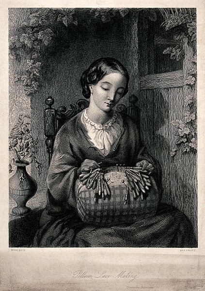 File:A woman is sitting on a chair making lace on a lace-pillow. Wellcome V0039732.jpg