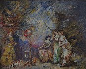 「オウムと宮廷の女」油彩、35cm × 47cm。個人蔵。