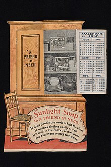 Sunlight was an early advertiser in cinema, radio and TV. Pictured: Advertisement for Sunlight Soap washing powder, 1897 Advert for Sunlight Soap washing powder Wellcome L0040435.jpg