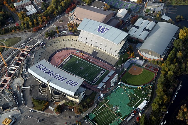 An aerial view of Husky Stadium as seen the day before the start of the 2011 renovation project. "Go Huskies" and the "W" logo were painted on the nor