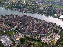 Aerial view of Stein am Rhein, showing the Rhine and the compact medieval town