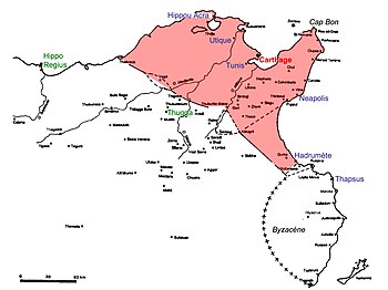 Map to the war in Africa.  Carthaginian territory red (after LI Manfredi, La politica amministrativa di Cartagine in Africa, Rome 2003);  the main cities conquered by Agathocles blue