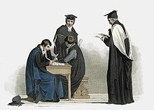 Academics at Trinity College, Cambridge in 1815: a pensioner sits at left, with two Masters of Arts (standing, in robes) and a sizar (the boy at centre). Agar Cambridge MA etc 1815.jpg
