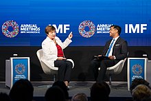 Ravi Agrawal interviewing IMF managing director Kristalina Georgieva at the IMF's annual meeting on 15 October 2019 AgrawalIMF.jpg