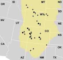 Locations in the Morrison Formation (yellow) where Allosaurus remains have been found Alloquarrynolang.png