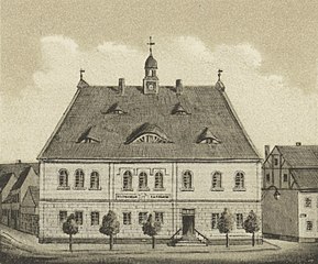 Das alte Kirchhainer Rathaus im Jahre 1891 auf einer Druckgrafik des Großenhainer Künstlers Ehregott Zschille.