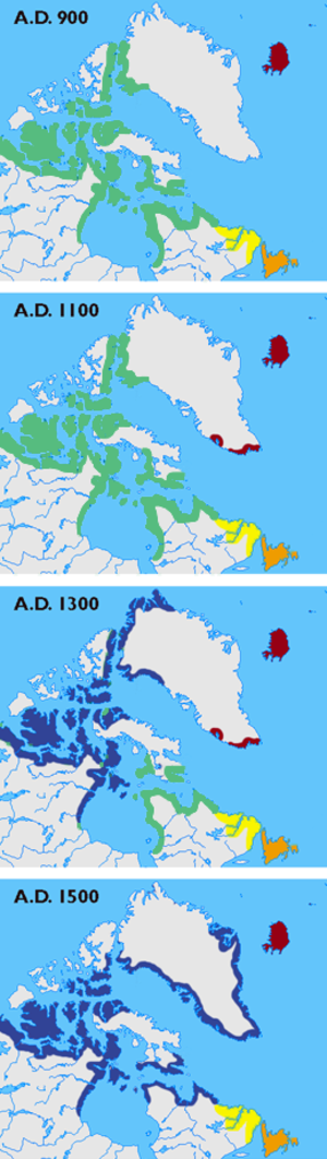 Maps showing the different cultures (Dorset, Thule, Norse, Innu, and Beothuk) in Greenland, Labrador, Newfoundland and the Canadian arctic islands in the years 900, 1100, 1300 and 1500