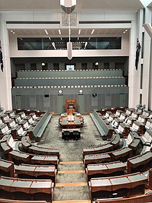 Australian House of Representatives - place where the first three readings of a proposed legislative bill occur before moving to the Senate Australian, House of Representatives empty.jpg