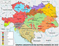 Grupos lingüísticos del imperio en 1910. Obsérvese la extensión de los territorios con mayoría alemana.