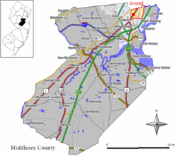 Avenel na planie mapy hrabstwa Middlesex