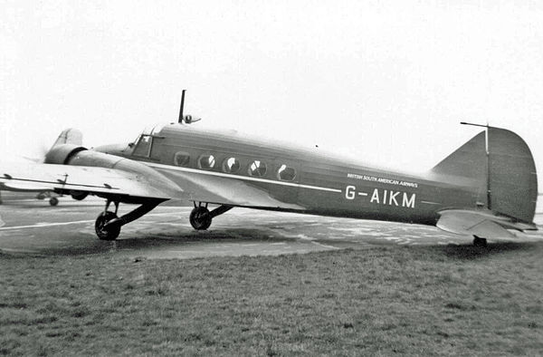 BSAAC's Avro Anson executive transport Star Visitant, wearing full titles, at Manchester Airport in March 1949