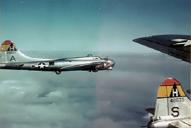 B-17G Flying Fortresses 44-46604 and 44-48676 of the 306th Bomb Group, in 40th CBW markings-RAF Thurleigh UK