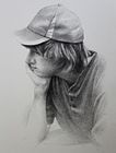 graphite drawing of pensive young blue collar worker, wearing cap and worn clothing, dreaming of future inventions