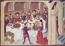 Enluminure représentant le banquet des Vœux du paon, milieu du XVe siècle