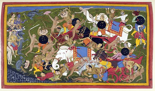 The Battle at Lanka, Ramayana by Sahibdin. It depicts the monkey army of the protagonist Rama (top left, blue figure) fighting Ravana—the demon-king of the Lanka—to save Rama's kidnapped wife, Sita. The painting depicts multiple events in the battle against the three-headed demon general Trishira, in the bottom left. Trishira is beheaded by Hanuman, the monkey-companion of Rama.