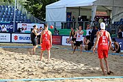 Deutsch: Beachhandball Europameisterschaften 2019 (Beach handball Euro); Tag 1: 2. Juli 2019 – Männer, Vorrunde Gruppe D, Polen-Schweden 2:1 (18:10, 15:9; 8:6) English: Beach handball Euro; Day 1: 2 July 2019 – Men Preliminary Round Group D – Poland-Sweden 2:1 (18:10, 15:9; 8:6)