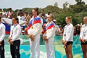 Deutsch: Beachvolleyball bei den Olympischen Jugendspielen 2018; Tag 11, 17. Oktober 2018; Mädchen, Medaillenzeremonie - Gold: Russland (Maria Woronina & Maria Botscharow), Silber: Italien (Claudia Scampoli & Nicol Bertozzi), Bronze: Norwegen (Emilie Olimstad & Frida Berntsen) English: Beach volleyball at the 2018 Summer Youth Olympics at 17 October 2018 – Girls Victory ceremony - Gold: Russia (Maria Voronina & Maria Bocharov), Silber: Italy (Claudia Scampoli & Nicol Bertozzi), Bronze: Norway (Emilie Olimstad & Frida Berntsen)