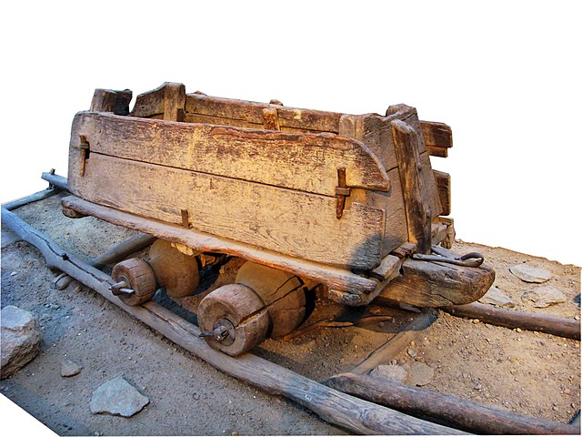 A 16th-century minecart, an early example of unpowered rail transport