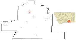 Hardins läge i Big Horn County och countyts läge i Montana.