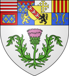 The coat of arms of Nancy, which incorporates various coats of arms of its former rulers such as the Dukes of Lorraine Blason Nancy 54.svg