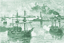 Bombardment of Alexandria, 1882. The first dedicated postal service to an army in the field was established during this campaign. Bombardamento Alessandria 1882.jpg