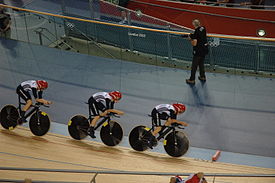 The British Team riding the current Olympic record at the 2012 Summer Olympics British Team Cycling at the 2012 Summer Olympics - Women's team pursuit.JPG