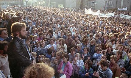 A demonstration in Plauen on 30 October 1989 calling for democracy, freedom of the press and freedom to travel