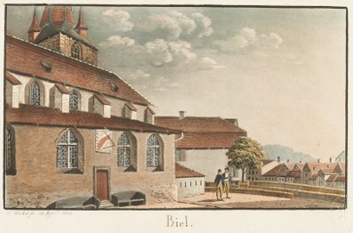 Kirche und Pfarrhaus von Biel um 1824