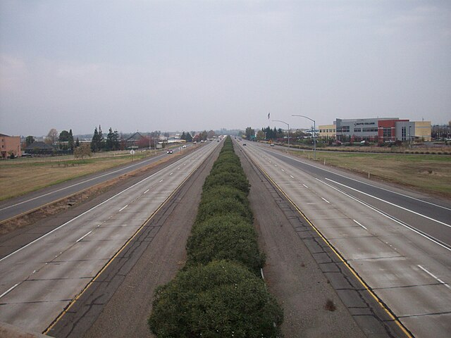 Facing north from Skyway on SR 99 in Chico with the Butte College, Chico Campus visible on the right