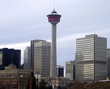 The Roadblock in Calgary had racers rappel down the Calgary Tower. Calgary Tower with flame 1-cropped.jpg