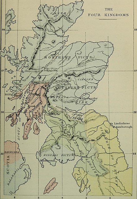 « Les quatre Royaumes », illustration tirée de « Celtic Scotland : a history of ancient Alban », page 254 (par William Forbes Skene, Édimbourg : Edmonston & Douglas, 1876)