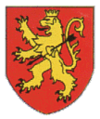 Címer, amely jelzi az "Oroszlánszívű Richard" turisztikai útvonalat, "Gules dühöngő oroszlánnal, nyíllal áttört szívvel"